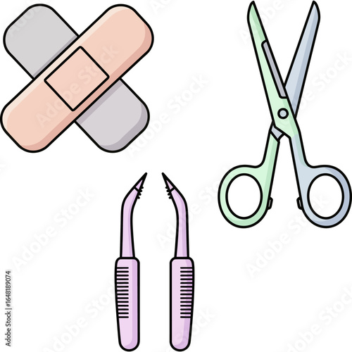 First aid kit supplies illustration set with adhesive bandages, scissors, and tweezers. Medical icons for emergency treatment and wound care.