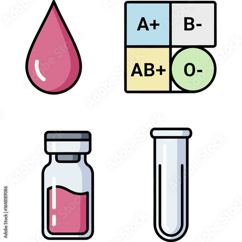 Set of medical icons for blood donation, laboratory analysis, and healthcare concepts. Featuring blood type chart, test tube, and vial.