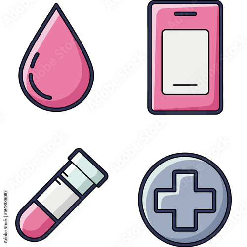 Set of flat line medical icons representing blood donation, hematology concepts, clinical laboratory tests, and healthcare services.