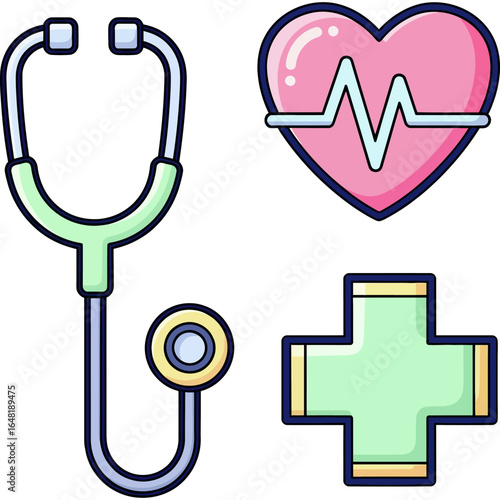 A colorful collection of cute cartoon medical icons. Includes a stethoscope, a heart with a cardiogram, and a first aid cross, representing healthcare and medicine.