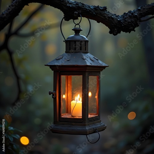 A rustic lantern with a flickering candle inside, hanging from a tree branch.