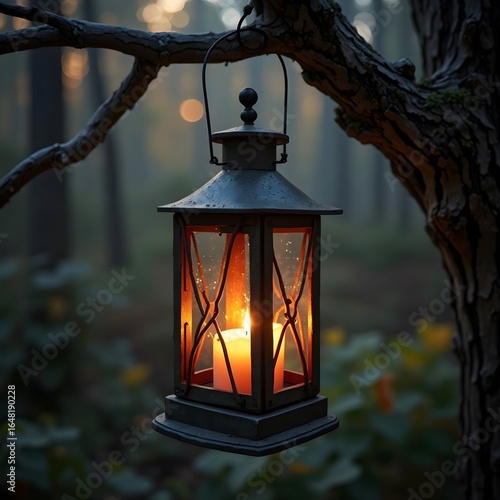 A rustic lantern with a flickering candle inside, hanging from a tree branch.