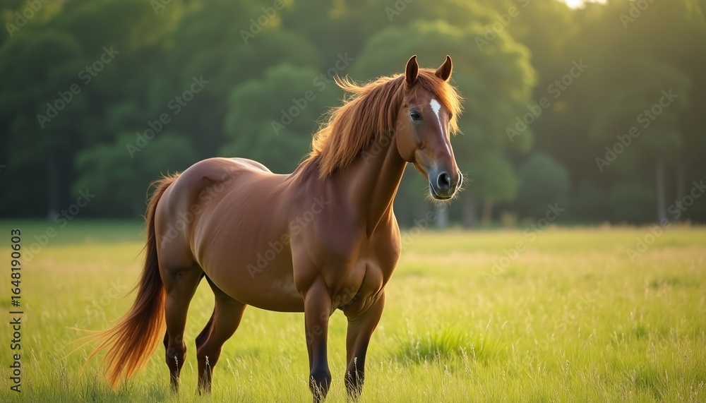 Fototapeta premium Majestic Brown Horse in Meadow