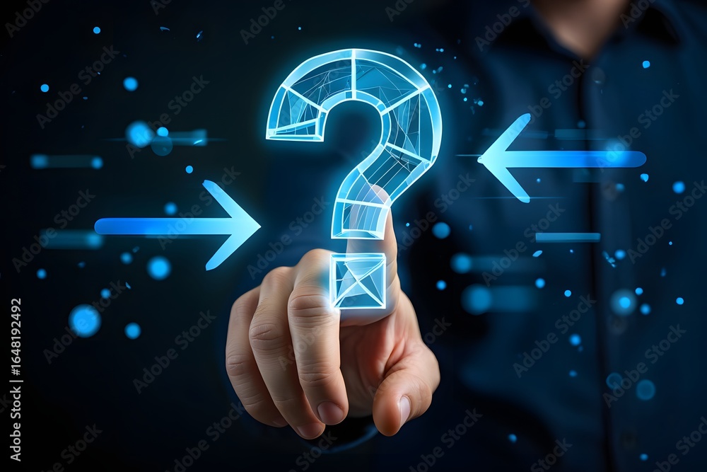 Man hand with Question mark and left and right arrows, Difficult decision and doubt concept. Right or left Decide Which Way To Go Man hand with Question mark and left and right arrows, Difficult decision and doubt concept. Right or left Decide Which Way To Go