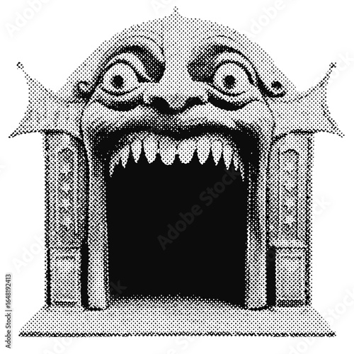 Circus creepy mouth entrance tent halftone grunge vector design element
