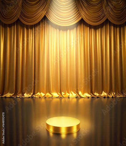 金色のカーテンとスポットライトの当たる台座