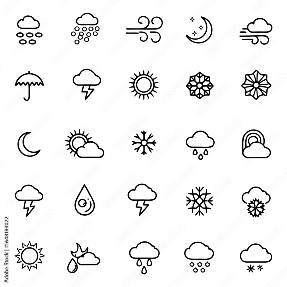 Obraz premium Weather forecast icons set vector illustration of sun rain cloud snow wind and moon weather symbol collection