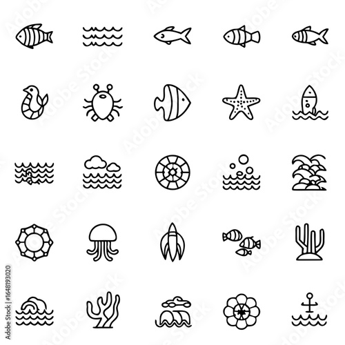Vector ocean life icons set sea animals and plants fish starfish jellyfish crab coral seahorse waves and anchor