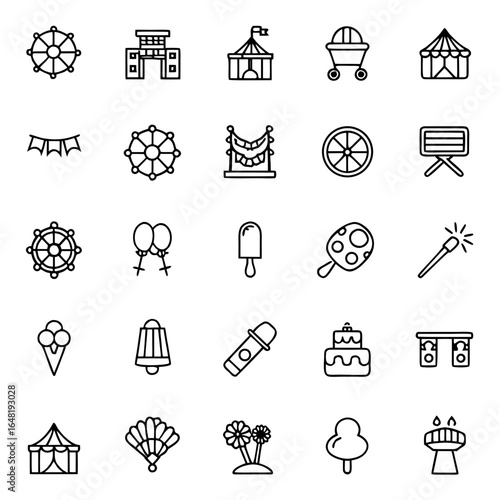 Vector illustration of amusement park icons, carnival, circus, and fairground attractions in outline style