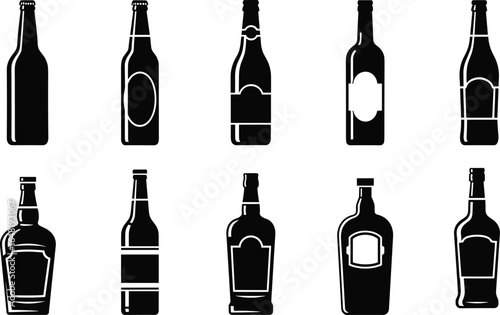 Bottle silhouette vector set, various beverage shapes, beer, wine, spirits, packaging design icons, branding and marketing illustration