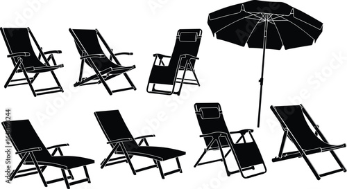 Outdoor furniture silhouette set, reclining chairs and umbrella, patio and garden seating icons, beach relaxation vector illustration