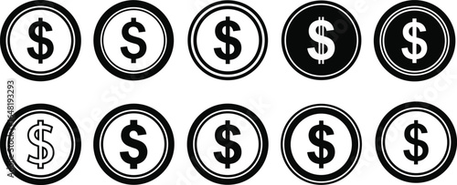 Dollar sign icon set, currency symbol variations, black and white vector, financial design elements, circular money icons, minimalist style