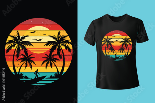 Colorful summer t-shirts on display at a vibrant store during sunny days.	