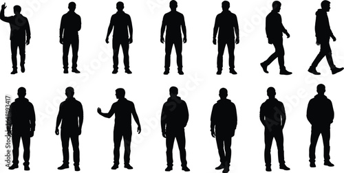 Human pose silhouette vector set, standing, walking, gesturing figures, black minimal icons, motion and posture illustration, character design asset