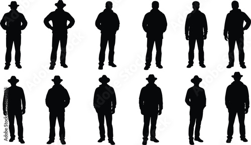 Standing human silhouette vector set, diverse poses and attire, black featureless figures, minimal character icons, posture variation illustration