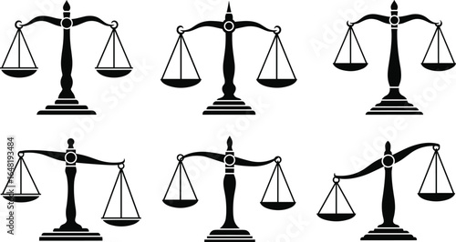 Scales of justice vector set, black silhouette icons, legal symbol, balance scale variations, law and fairness illustration, court concept