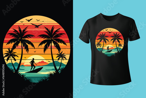 Colorful summer t-shirts on display at a vibrant store during sunny days.	