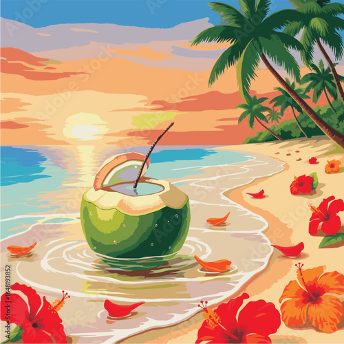 15082025_Young coconut floating in seawater with sunset light. ):** High-resolution tropical beach illustration of half-cut young coconut filled with fresh water, floating in seawater near the shore,
