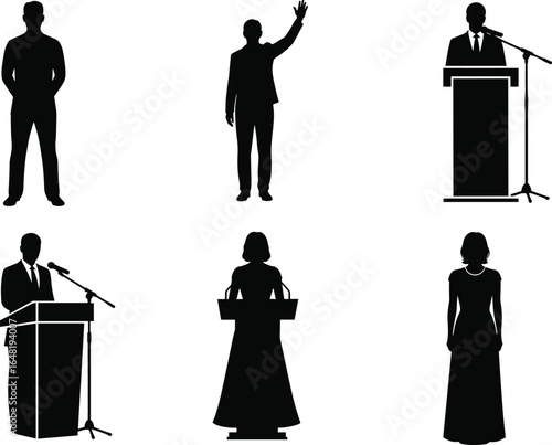 Public speaker silhouette vector set, podium poses, standing gestures, microphone icons, presentation and speech illustration, black figure artwork
