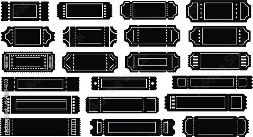 Black and white ticket icons, event ticket shapes, perforated border designs, rounded edge stubs, vector admission passes, stylized ticket set
