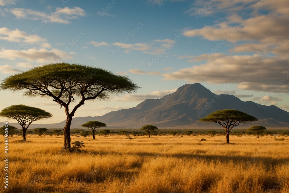 Obraz premium Breathtaking African savanna landscape with acacia trees silhouetted against dramatic mountain backdrop
