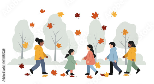 Illustration Vector of Children Walking in Autumn Park with Maple Leaves Modern Fall Illustration