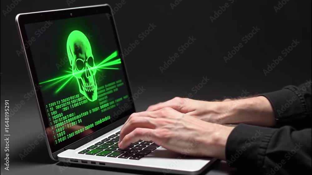 A hacker's hand using a laptop, with a skull icon and binary code reflected on the screen.
