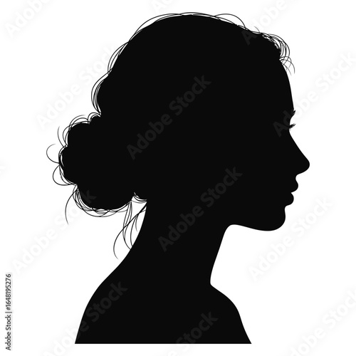 Silhouette of a woman s profile with her hair in a bun isolated on white background