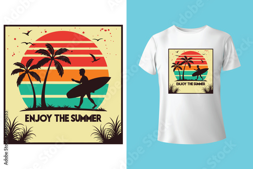Colorful summer t-shirts on display at a vibrant store during sunny days.	