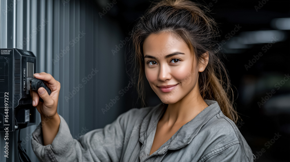 Asian Woman Electrician Working Renewable Energy Inverter Asian Woman Electrician Working Renewable Energy Inverter