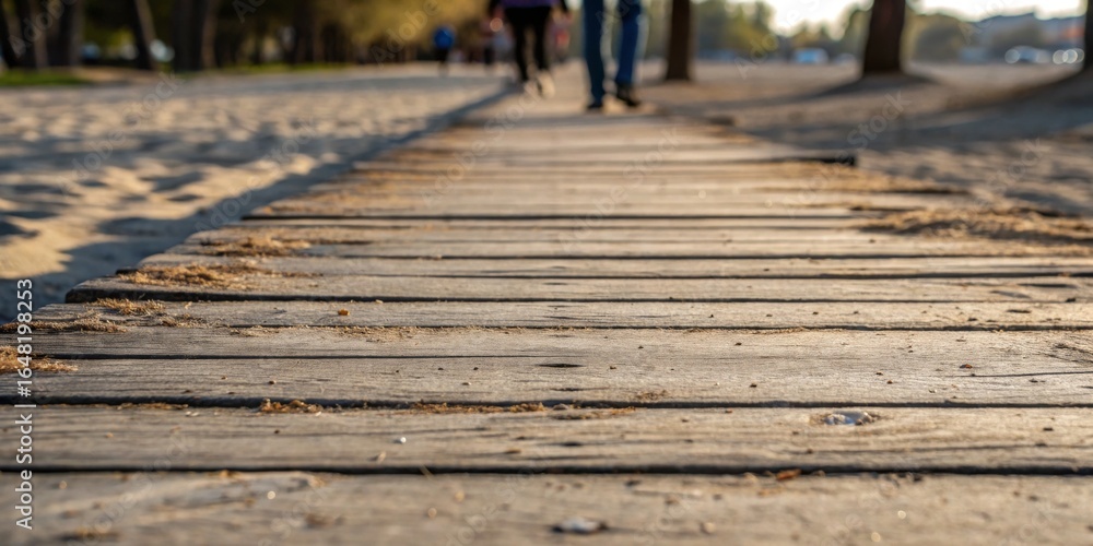 Obraz premium Relaxing stroll on a wooden pathway at sunset near the shore
