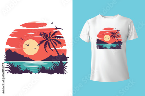 Colorful summer t-shirts on display at a vibrant store during sunny days.	