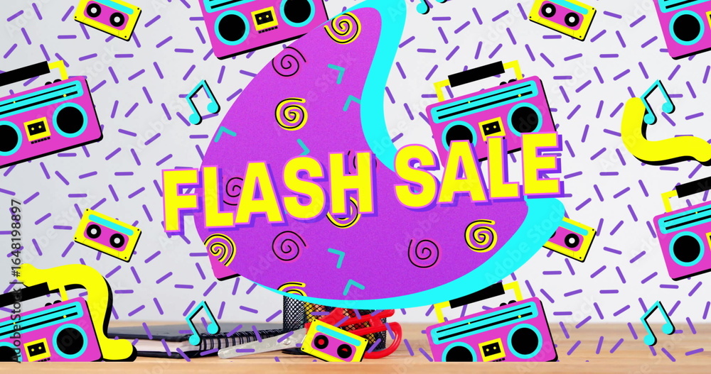 Naklejka premium Showcasing FLASH SALE sign sitting on wooden desk with mic, headphones and retro boombox icons