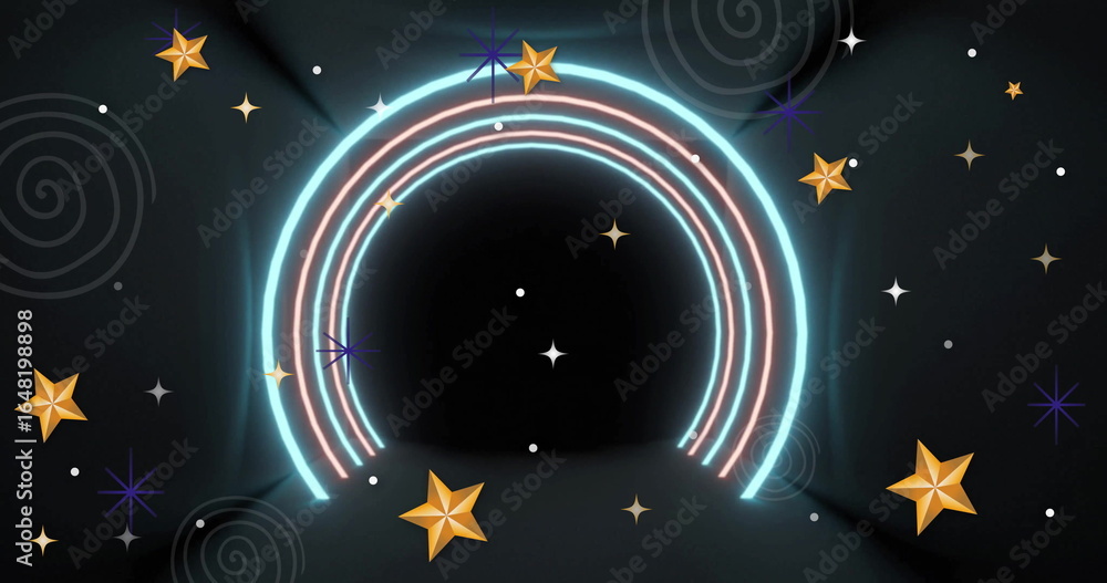 Shining cyan pink neon arch glowing within digital tunnel, with golden stars and space motifs Shining cyan pink neon arch glowing within digital tunnel, with golden stars and space motifs