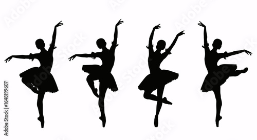 Four black silhouettes of ballet dancers in various graceful poses, showcasing elegant movement and artistry.
