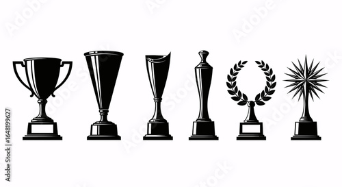 A collection of six distinct black trophy and award silhouettes representing victory and success, isolated on a white background.