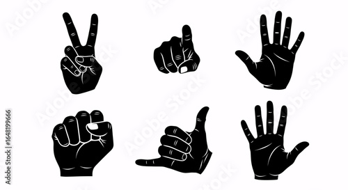 A collection of six black silhouette hand gestures, including peace, fist, pointing, and shaka signs, isolated on a white background.
