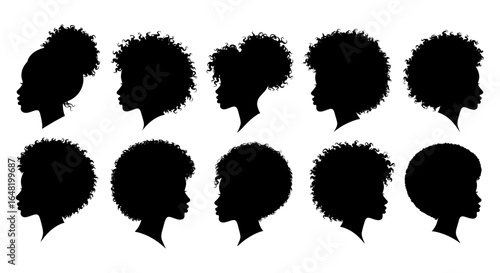 Twelve diverse female afro hair silhouettes.