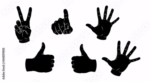 Collection of black hand gestures including peace sign pointing thumbs up and open hand in various positions