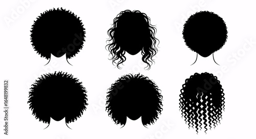 Illustration showing six different black hair styles on female silhouettes with varied textures and lengths