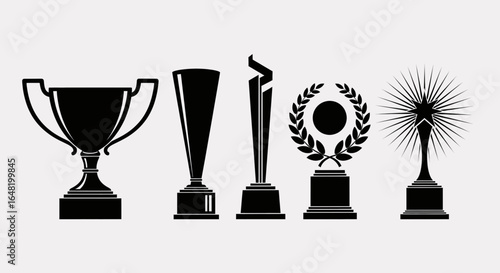 Illustration of five black silhouette trophies of different designs displayed in a horizontal line up front