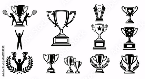Collection of black and white trophy illustrations with laurel wreaths and celebrating figures shown
