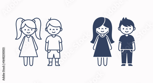 Illustration of two pairs of children standing side by side in a simple cartoon style drawing art