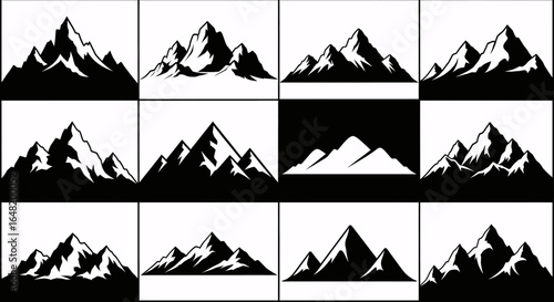 Collection of twelve mountain range illustrations in black and white showing various mountain peaks and ridges