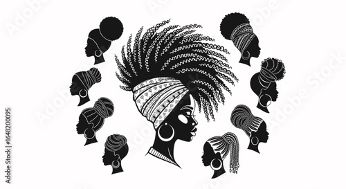 Silhouettes of african american women with various hairstyles and headwraps in black and white design