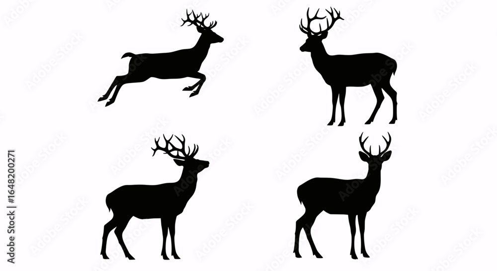 A collection of four black deer silhouettes with antlers, shown in various standing and leaping poses against a white background.