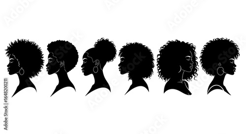 Silhouettes of african american women with different hairstyles in a row on a white background