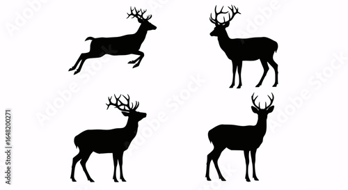 A collection of four black deer silhouettes with antlers, shown in various standing and leaping poses against a white background.