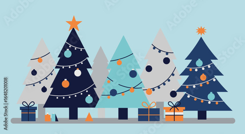 Flat style Christmas illustration with three decorated pine trees and gift boxes. Festive holiday scene for greeting cards, winter designs, social media and seasonal banners.