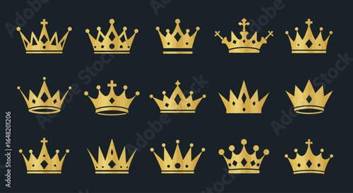 Set of golden crown icons with elegant flat design on a black background. Includes various royal and fantasy styles. Ideal for game UI, logo design, badges, or luxury branding